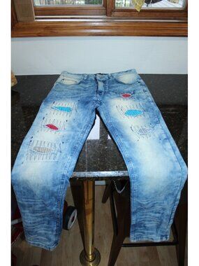 Vintage GS-115 Denim Jeans Distressed Patches Rock Revival Retro Size 32